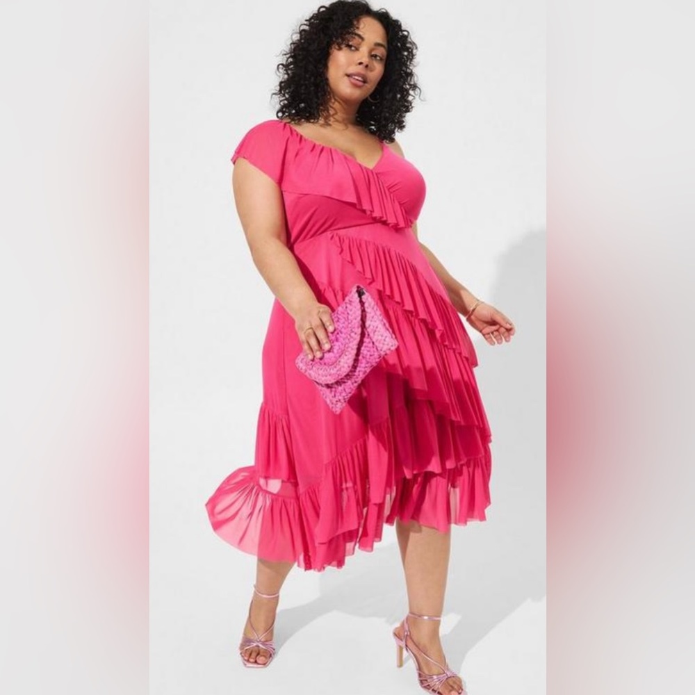 Torrid MIDI Mesh Pink Peacock ruffle dress